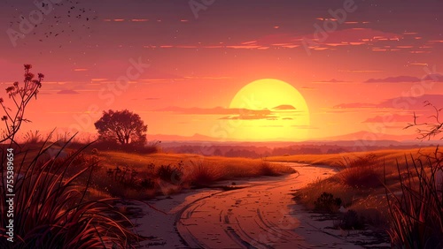 Sunset light in the savanna. seamless looping 4k time-lapse animation video background