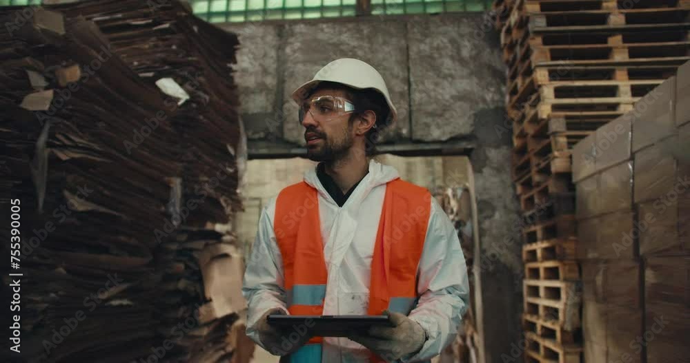 A brunette man with a beard in a white protective uniform in an orange vest walks along the stacks with waste paper and does recounting at a large waste sorting and recycling plant A brunette man with a beard in a white protective uniform in an orange vest walks along the stacks with waste paper and does recounting at a large waste sorting and recycling plant