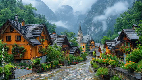 Quaint village street with traditional houses against misty mountain backdrop.