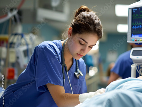 Wallpaper Mural Compassionate medical nurse in blue uniform attentively cares for a patient in the ICU. Professionalism and empathy at work. Torontodigital.ca