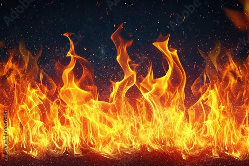 Fire background with bright vivid flame on black background .