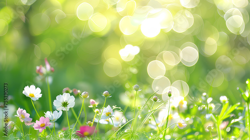 Dreamy field of wildflowers caught in the soft glow of golden hour sunlight, creating a bokeh effect that exudes calm and beauty. 