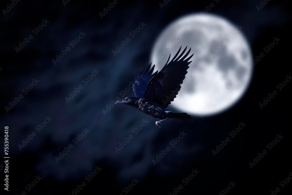 Fototapeta premium A crow flying past the full moon. Dark sky background. 
