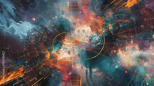 A Multidimensional AI Universe: An abstract depiction of an AI-powered universe with multiple dimensions and alternate realities, exploring the concept of AI beyond traditional boundaries. photo