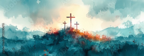 This image depicts a serene scene with two crosses on a hill, interpreted in vibrant watercolor strokes against a cloudy sky photo