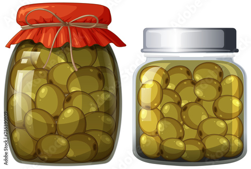 Two jars full of green olives, one sealed with fabric