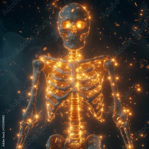 Radiant 3D illustration of a healthy human skeleton glowing against a dark backdrop