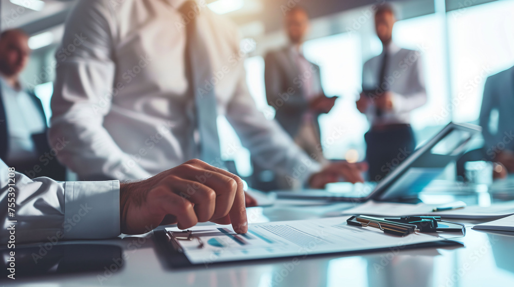 Business professionals working together on a project at a modern office desk Business professionals working together on a project at a modern office desk