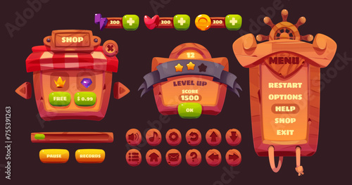 Pirate game ui design elements - cartoon vector wooden plates for menu with steering wheel, shop and buttons. Wood interface frame and board, achievement counter and level completion results.