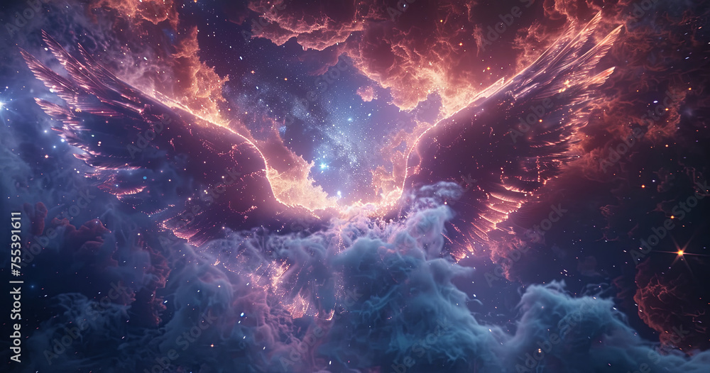 A captivating cosmic scene with a vibrant nebula, resembling angel wings, illuminated by scattered stars, evoking wonder and the infinite expanse of space.