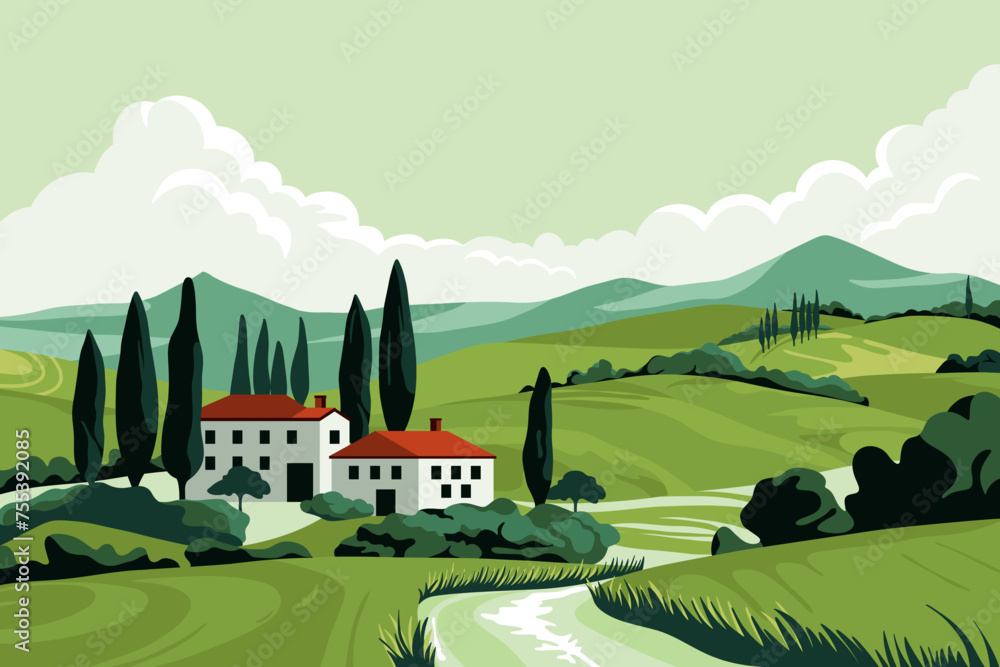 Italian summer fields landscape. Cartoon countryside panorama with Tuscany hills and village houses, rural valley with trees and mountains. Vector illustration Italian summer fields landscape. Cartoon countryside panorama with Tuscany hills and village houses, rural valley with trees and mountains. Vector illustration