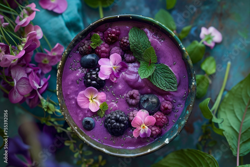 A bowl of purple smoothie with blueberries and mint leaves. The bowl is on a table with flowers in the background