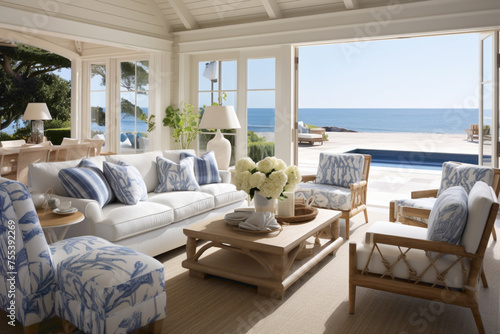 A sunlit living room with ocean-inspired decor  where navy and ivory furnishings merge effortlessly with panoramic views  capturing the essence of a coastal summer retreat