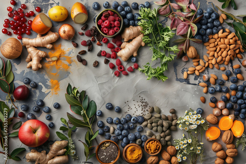 A colorful assortment of nuts, seeds, and dried fruits are displayed on a counter. The variety of colors and textures create a vibrant and inviting atmosphere. Concept of abundance and health