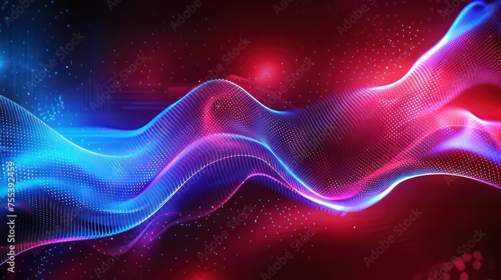 Abstract blue and red harmony tech background with digital waves, explosion, dynamic network system, artificial neural connections, AI quantum computing  global intelligence