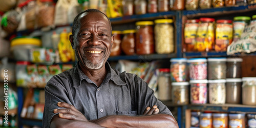 Happy African senior man running a small business in the food industry shop. Successful supermarket owner smiling at the camera while standing in the fresh produce section of grocery store