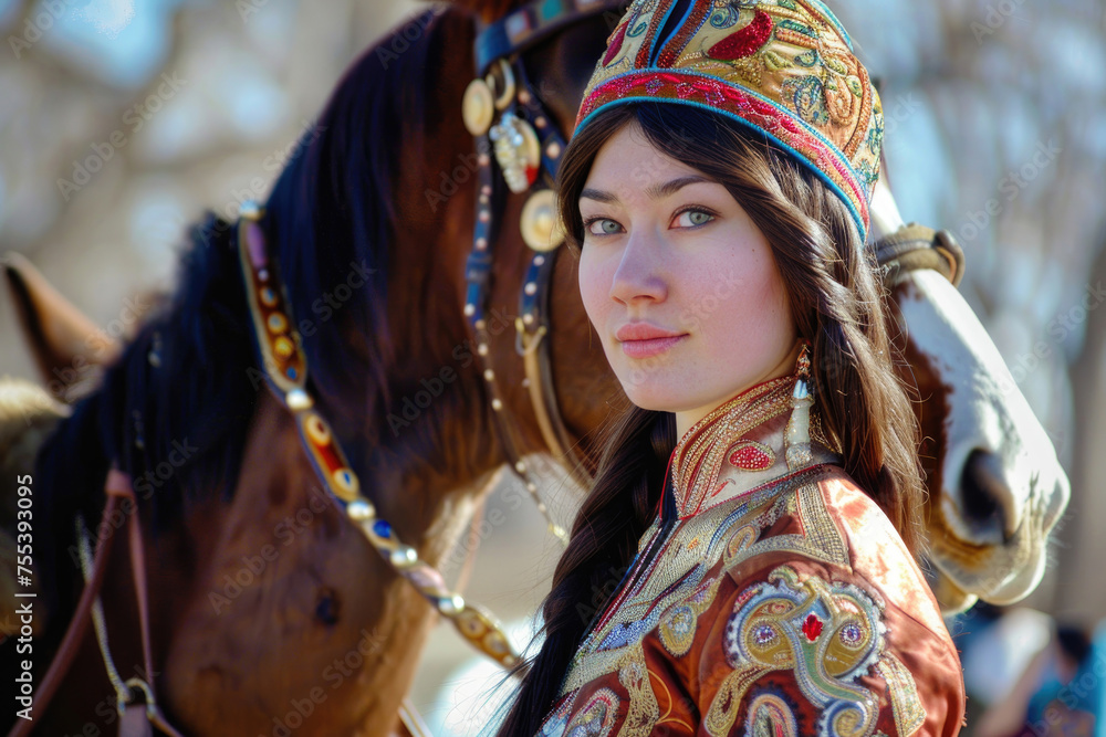A stunning young woman in traditional attire poses gracefully next to a horse at the Nowruz festival