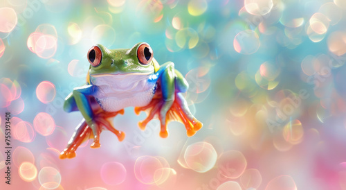 photo of a happy laughing green tree frog jumping, with a pastel rainbow colored background