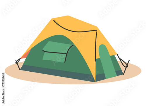 The camping tent is green in color with a yellow roof and windows. A Tourist Tent. The concept of travel, ecotourism, hiking in the mountains. Vector illustration.