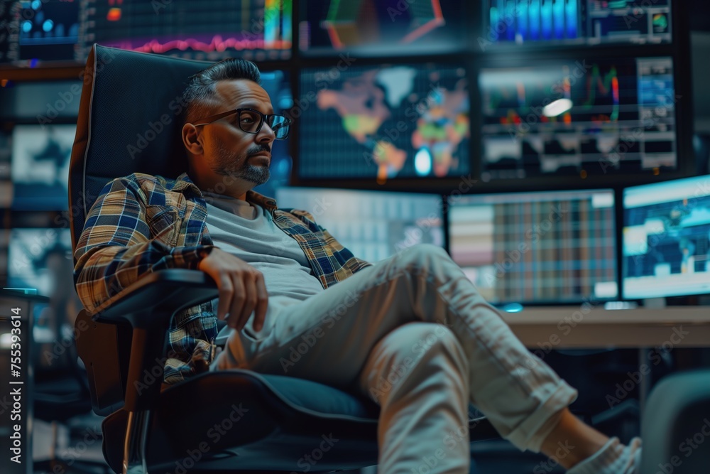 A man is sitting in a chair in front of a computer monitor