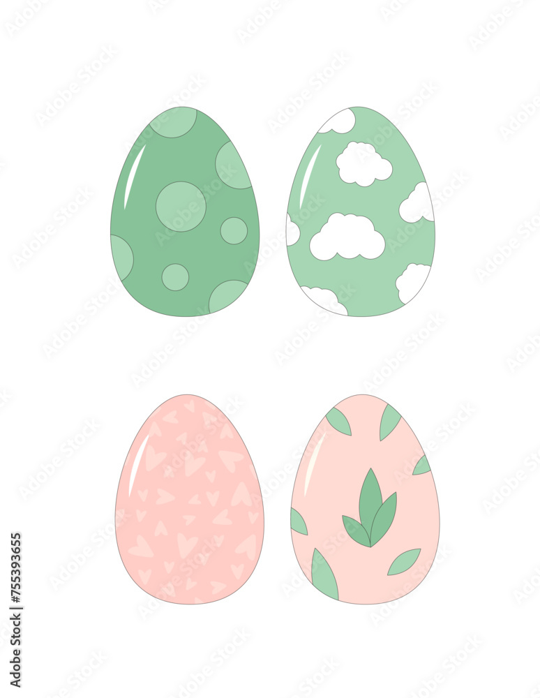 Easter eggs set isolated on white background. Vector flat with outline illustration on green and blue color Easter eggs set isolated on white background. Vector flat with outline illustration on green and blue color