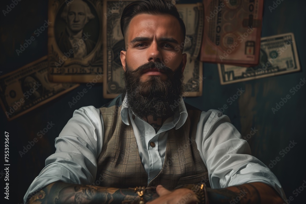 A man with a beard and mustache sits in front of a wall of money A man with a beard and mustache sits in front of a wall of money