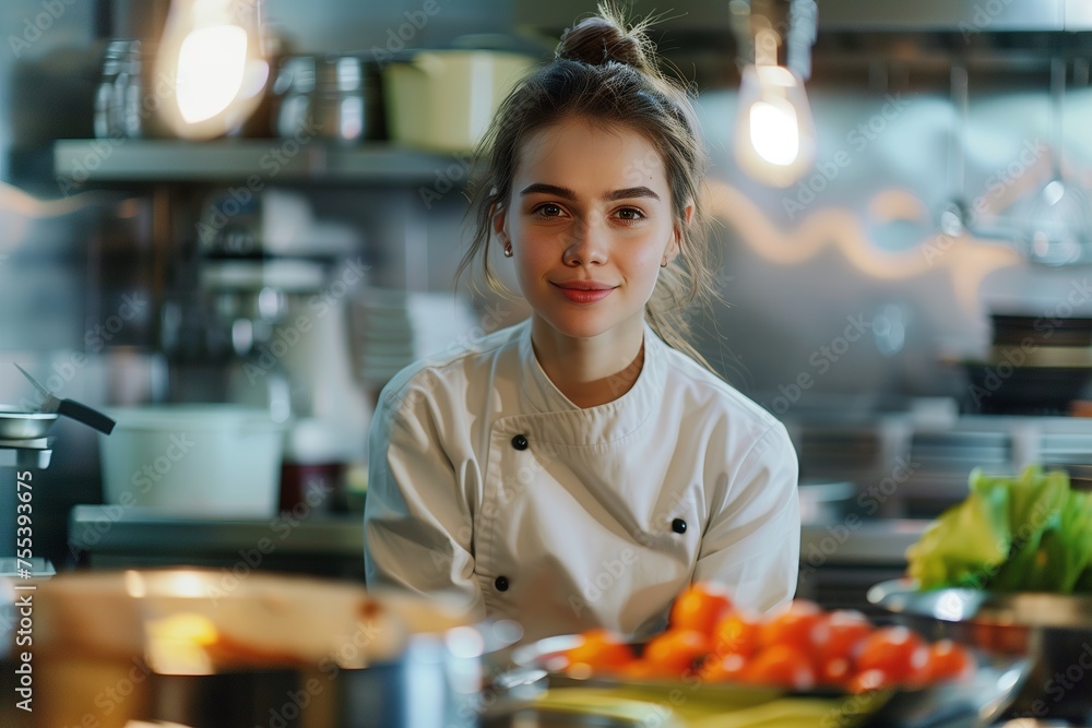 A young woman in a chef's uniform stands in front of a kitchen counter with a sm