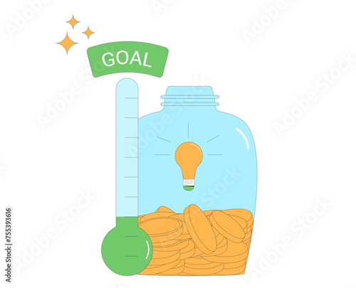 Fundraising tracker. Goal thermometer and jar with grown money