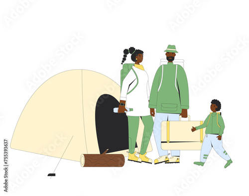 Family travel tourists camping set isolated on white background. Hiking characters vacation picnic. Expedition with people. Mother, father and son standing near tent. Vector flat illustration