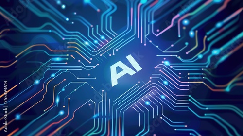 Futuristic AI: Powering Innovation and Digital Intelligence on a Circuit Board with Glowing Microchips Against a Blue Electronic Frontier