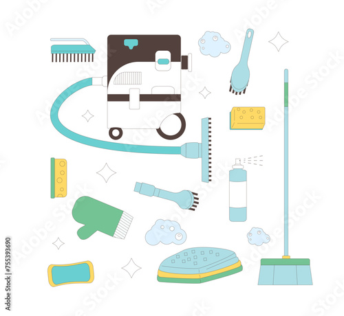 Housekeeping tools set. Cleaning home items and equipment. Vacuum, gloves and brushes with bucket bottles. Vector illustration.