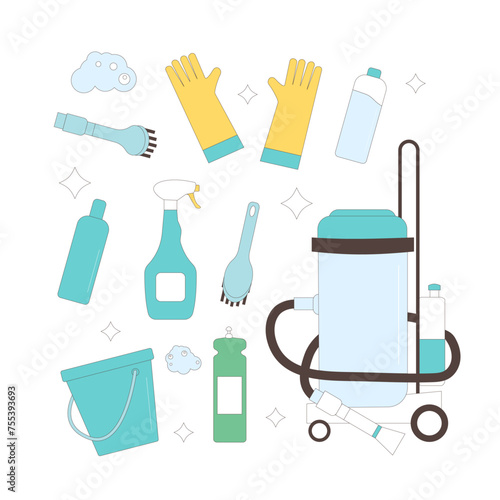 Housekeeping tools set. Cleaning home items and equipment. Vacuum, gloves and brushes with bucket bottles. Vector illustration.