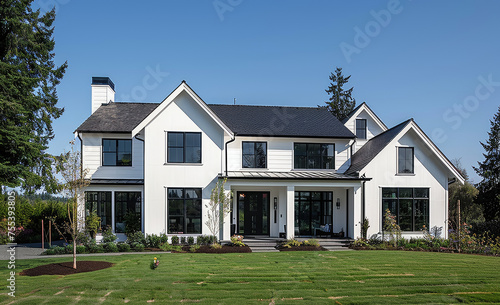 an elegant white modern farmhouse with black accents  nestled in the Pacific Northwest landscape. The house has large windows and traditional shutters on both side walls  overlooking lush green grass