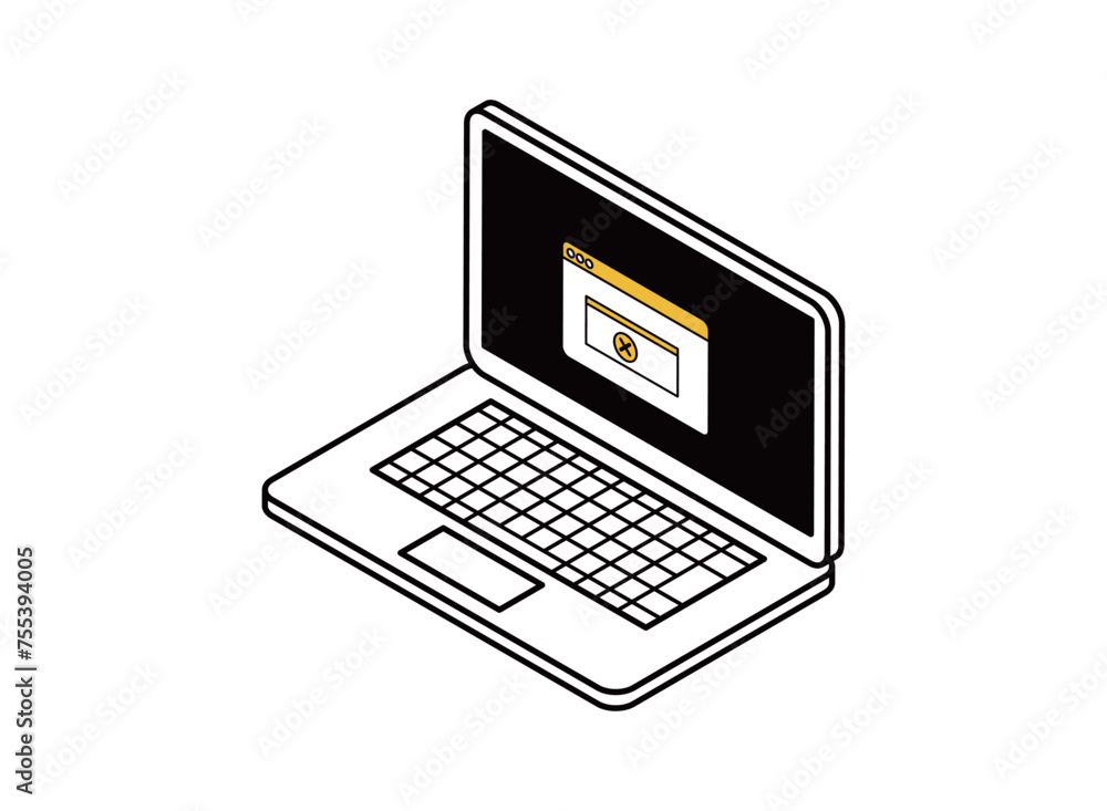 エラーが起きているノートパソコンのイラスト アイソメ エラーが起きているノートパソコンのイラスト アイソメ