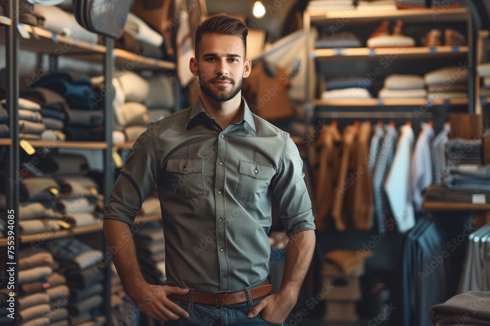 A man stands in a clothing store, posing for a picture A man stands in a clothing store, posing for a picture