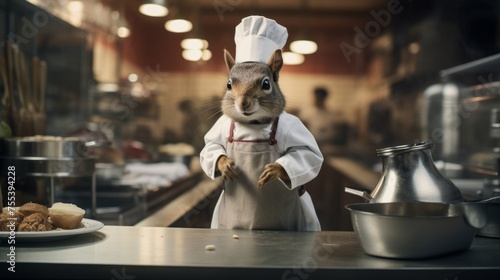 Squirrel chef cooks preparing food in restaurant kitchen. Animal chef