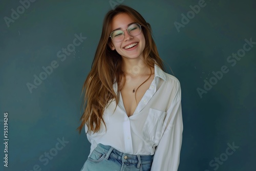 A woman is smiling and wearing glasses and a white shirt