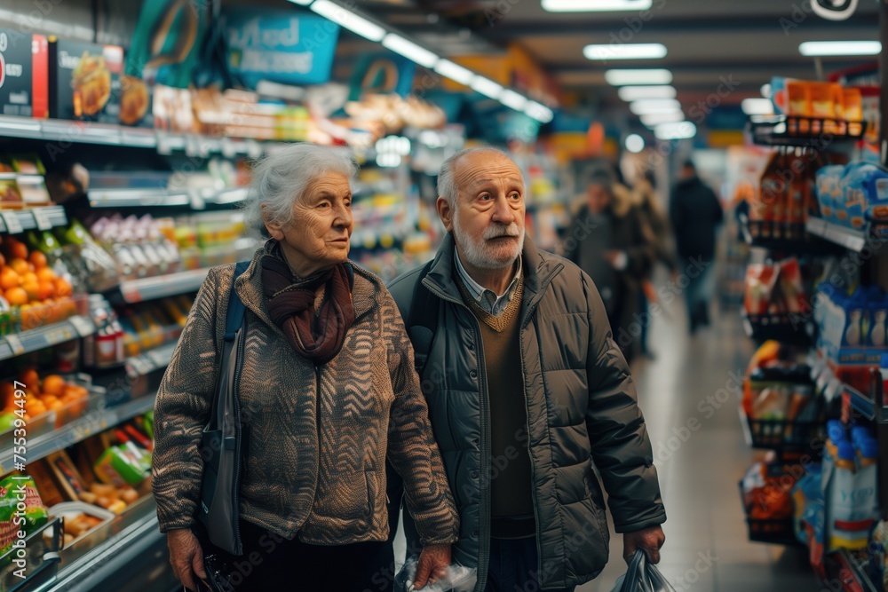 Two elderly people are shopping in a grocery store
