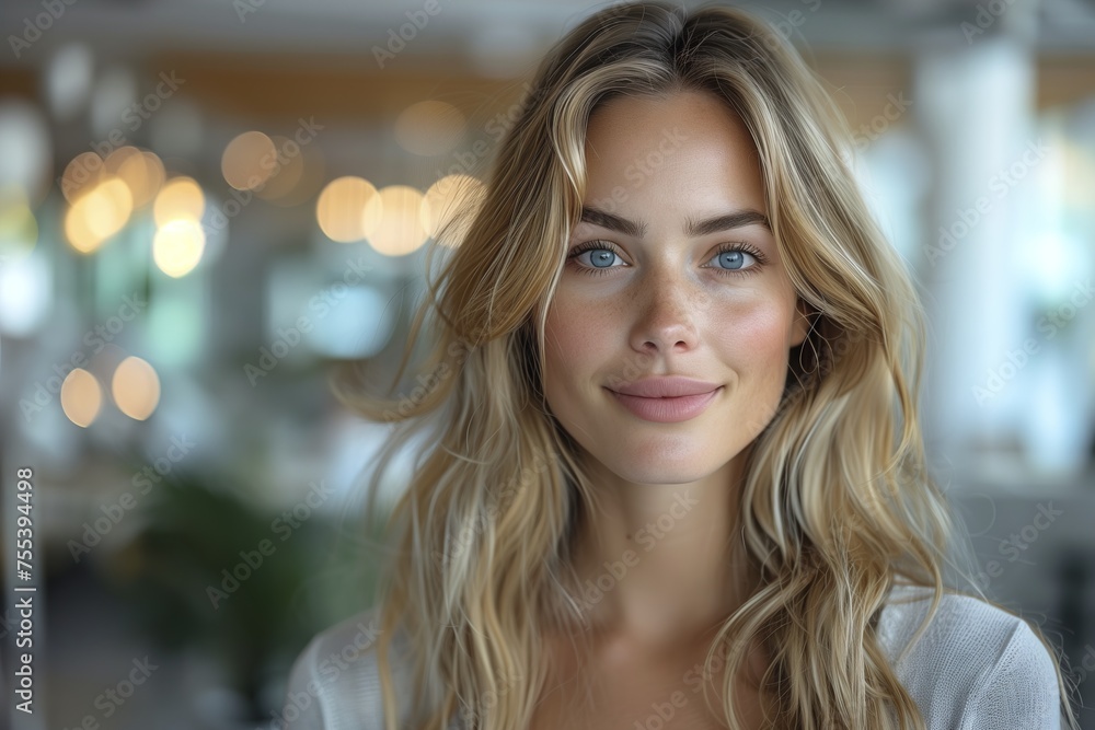 A woman with blonde hair and blue eyes is smiling at the camera A woman with blonde hair and blue eyes is smiling at the camera