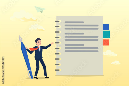 Businessman holding pencil writing message on notebook paper, write note or message on notebook paper, writing document, memo or lecture, record information, diary or article (Vector)
