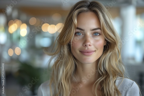 A woman with blonde hair and blue eyes is smiling at the camera