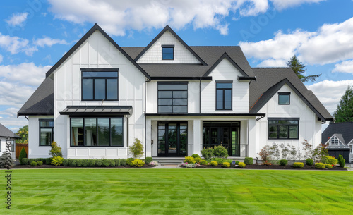 an elegant white modern farmhouse with black accents  nestled in the Pacific Northwest landscape. The house has large windows and traditional shutters on both side walls  overlooking lush green grass