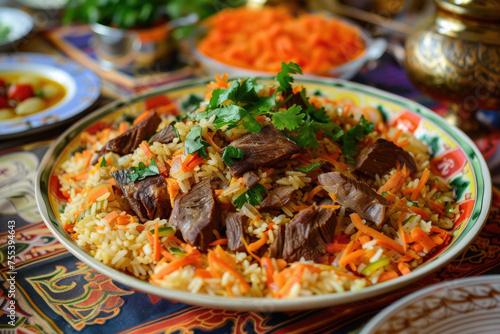 Plov, a traditional Uzbek dish featuring savory rice, tender meat, carrots served for Nowruz