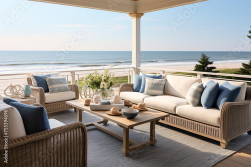 A summer afternoon retreat, surrounded by coastal blues and sandy neutrals, where navy and coral accents seamlessly blend with panoramic windows to bring the outdoors inside