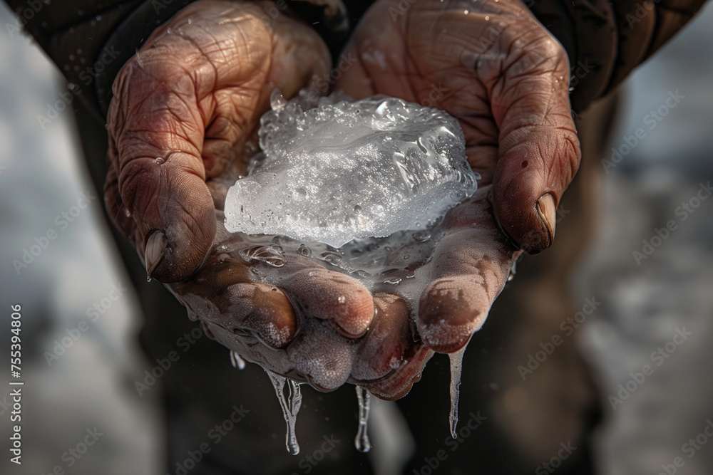 A person is holding a large ice cube in their hand. The ice cube is dripping water, and the person's hands are wet. Concept of coldness and the feeling of holding something solid and cold
