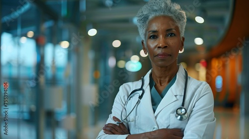 Portrait of professional old black female doctor with arms crossed in hospital