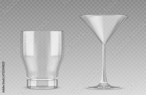 3d cocktail glass set isolated on transparent background. Vector realistic illustration of empty clean cup for alcohol, juice, water, light reflection on clear glassware surface, party design elements