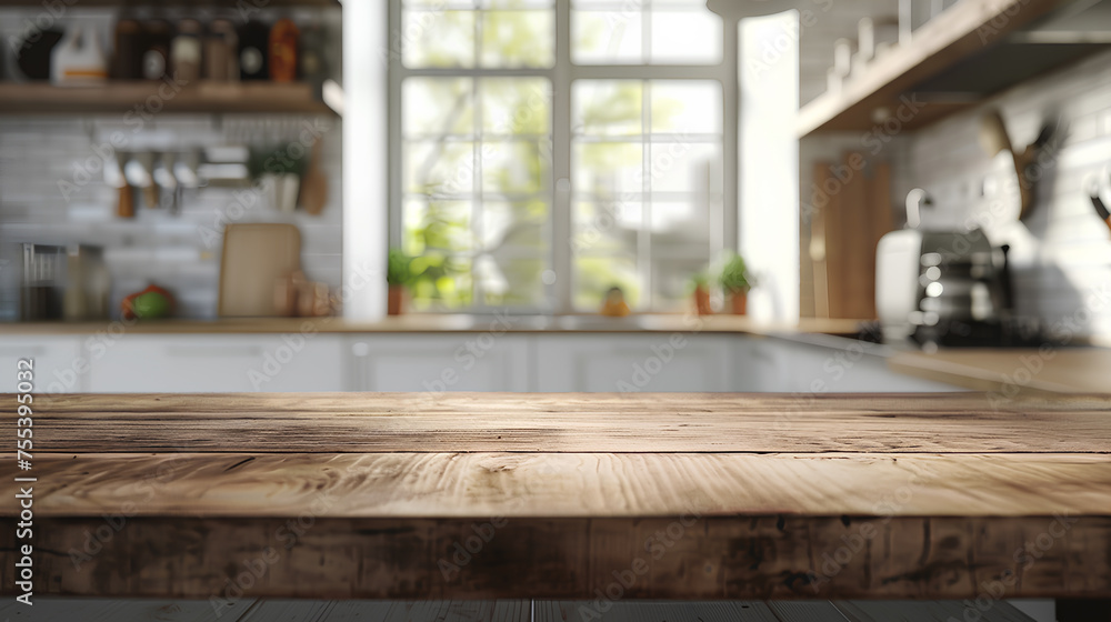 Empty wooden countertop with blurred modern kitchen background lit by natural light through window panes. Empty wooden countertop with blurred modern kitchen background lit by natural light through window panes.