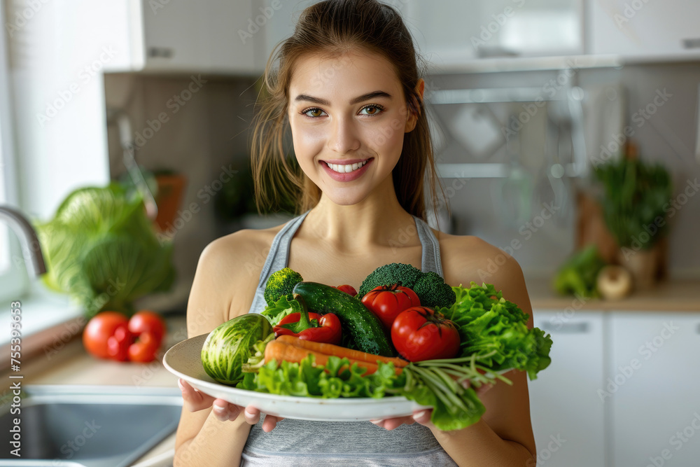 Portrait of a young happy sporty slim woman wearing sportswear holding plate with different vegetables at home. Healthy nutrition, diet and lifestyle concept