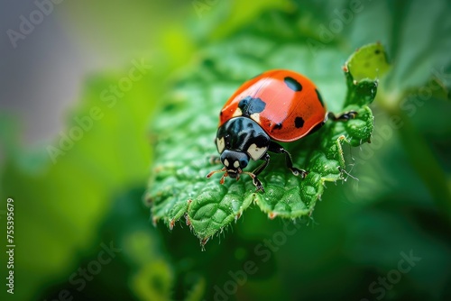 Ladybug, red with black dots green plant leaf. A beautiful brightly colored insect crawling on a bush leaf on a sunny day.